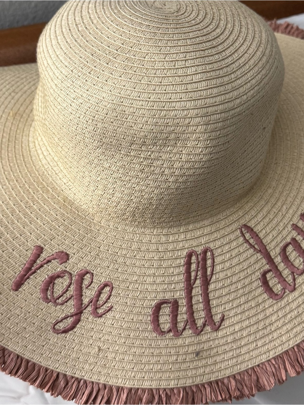 American Exchange Beige Straw Sun Hat with Light Pink Trim